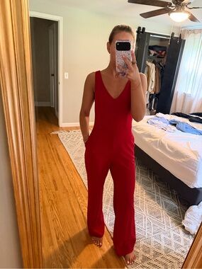 Red V-Neck Women's Jumpsuit